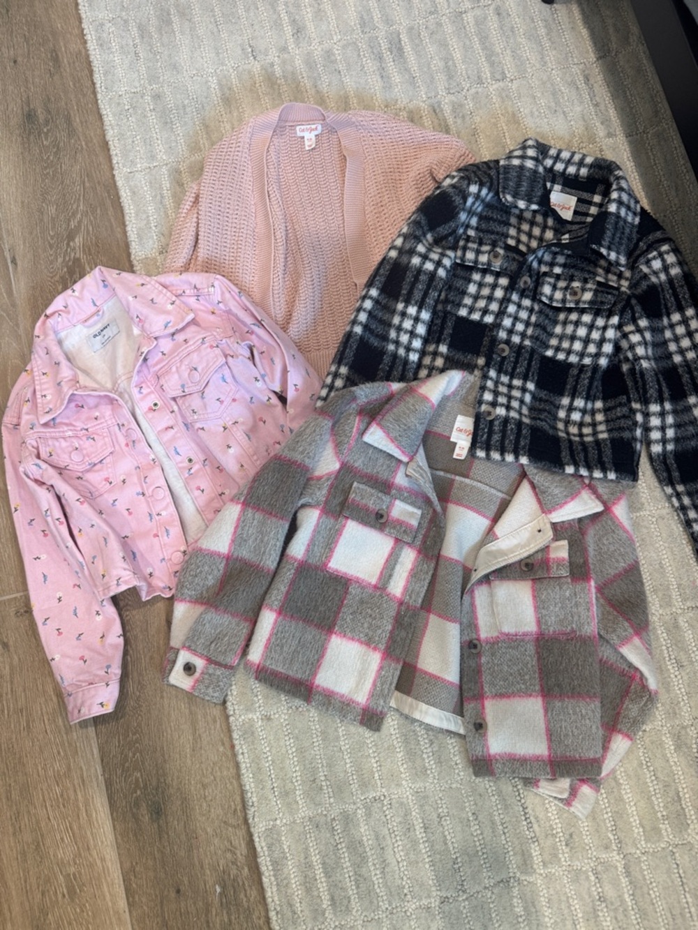 Cat & Jack Pink and Gray Plaid Shacket with Pink Knit Cardigan